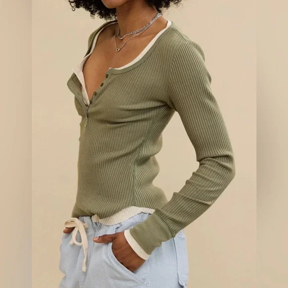 Aerie Essential Henley Layering Long Sleeve T-Shirt - Picture 1 of 6